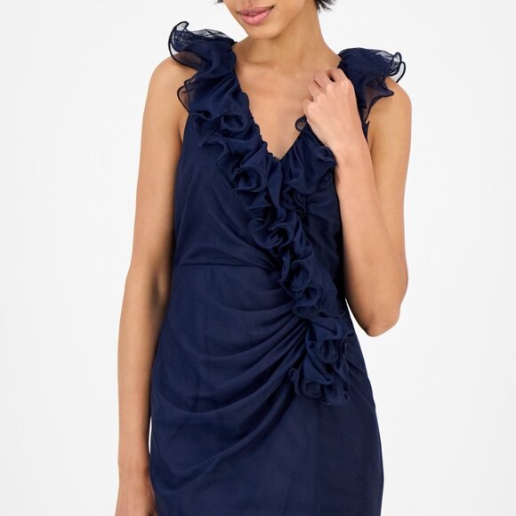 Alex Evenings Petite Ruffled Mesh V-Neck Gown β Navy NWT Size 14P - Picture 3 of 5